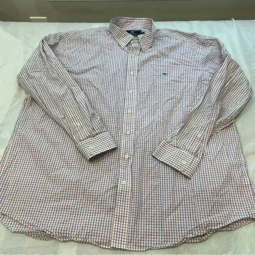 Vineyard Vines Men's Button-Down Shirt in White with Blue and Red Windowpane